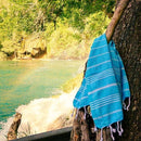 Ein blau gestreiftes Handtuch, das an einem Ast neben einem Wasserfall hängt.