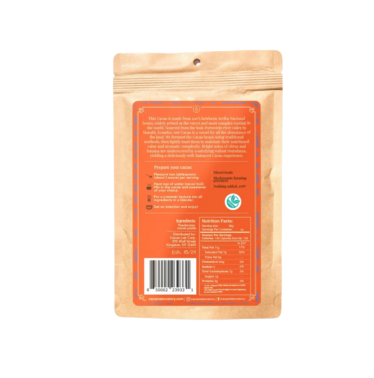 Bio Cacao Lab 100% Arriba Nacional Kakao in Zeremonienqualität, zeigt die dunklen Kakaobohnen in einer natürlichen Verpackung.