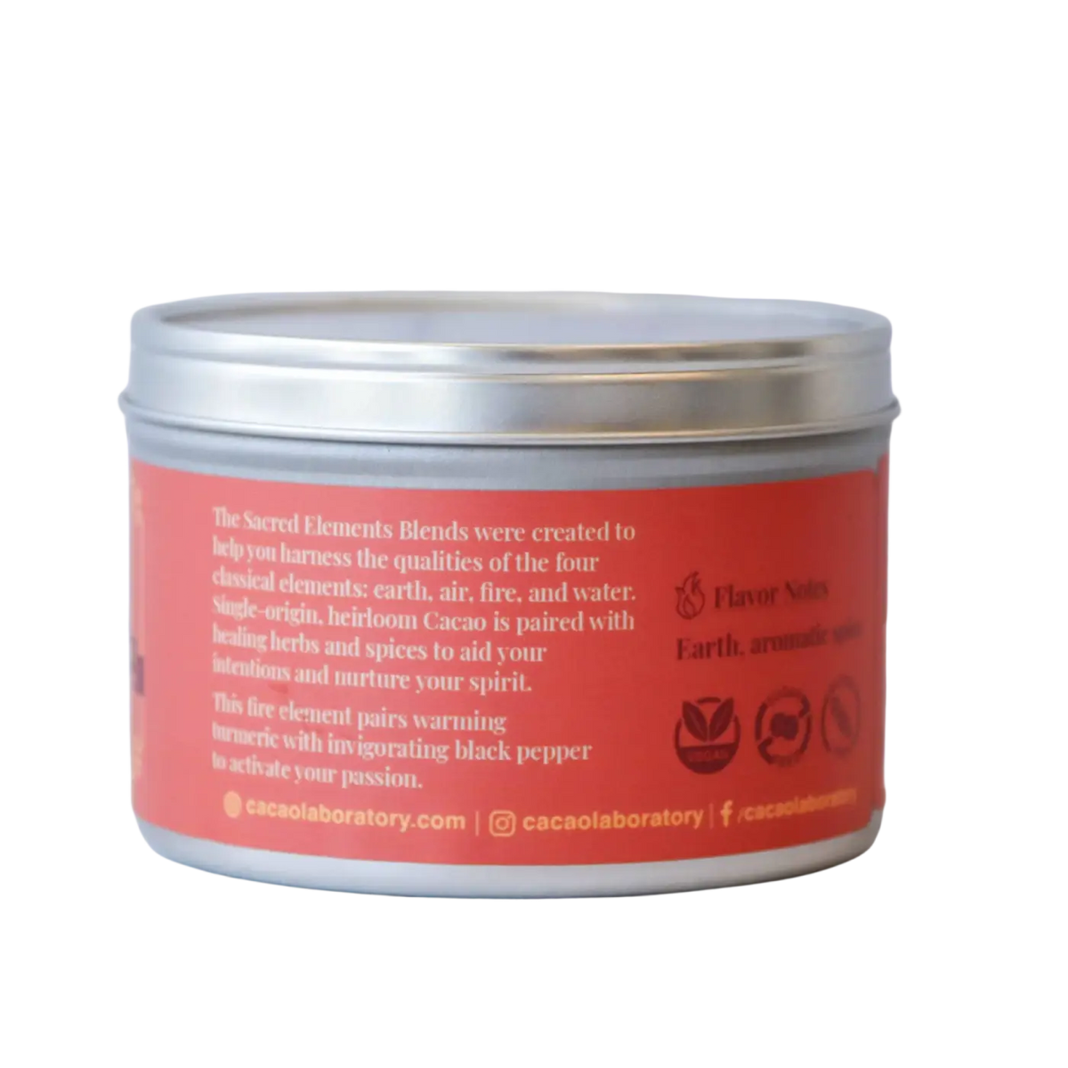 Zeremonielles Kakao-Feuer-Element in zylindrischer Metalldose von Cacao Lab, hochwertiger Cacao für Zeremonien