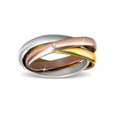Verlobungsring CARALI / MYC Paris mit drei Elementen in Silber, Gold und Roségold, mit funkelnden Kristallen.