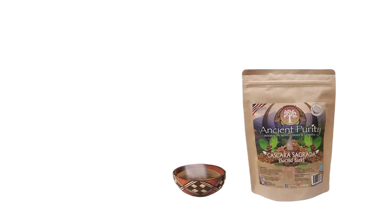 A tan resealable pouch of cascara sagrada with green botanical label featuring traditional plant bark from north america