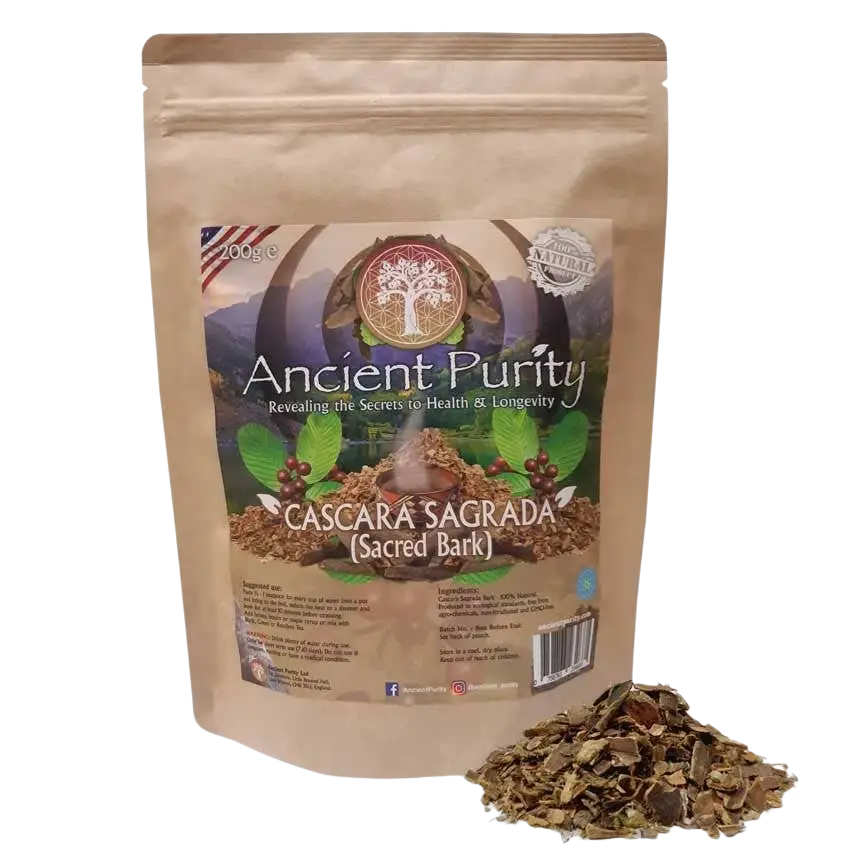 Eine 200g braune wiederverschließbare tasche cascara sagrada traditionellen pflanzenrinde aus nordamerika mit baum und berg label