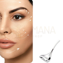 Silbernes caudale gesichts-gua sha-massagegerät aus edelstahl mit weißem griff für lymphdrainage und gesichtskonturen