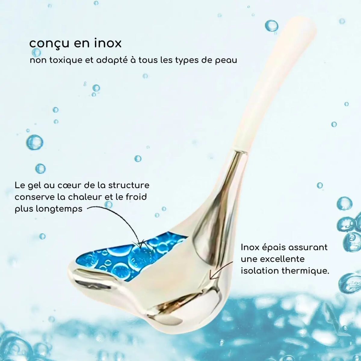 Edelstahl-GuaSha-Massagegerät für das Gesicht von Zen'Arôme, ergonomisch geformt fürgesichtliche Massage und Hautpflege.