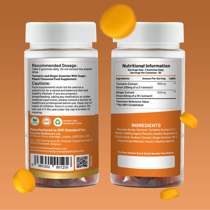 Zwei Flaschen Kurkuma-Ingwer-Gummibärchen mit Pfirsichgeschmack, inklusive Dosierungsanleitung, Nährwertangaben und Zutatenliste.