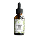  Eine isolierte bernsteinfarbene Flasche "Conseil Fleur de Bach STRESS Sérénité Détente Relaxation" mit einer Pipette und einem Etikett mit Blumenmuster, die den Bachblütenmix für Stress darstellt