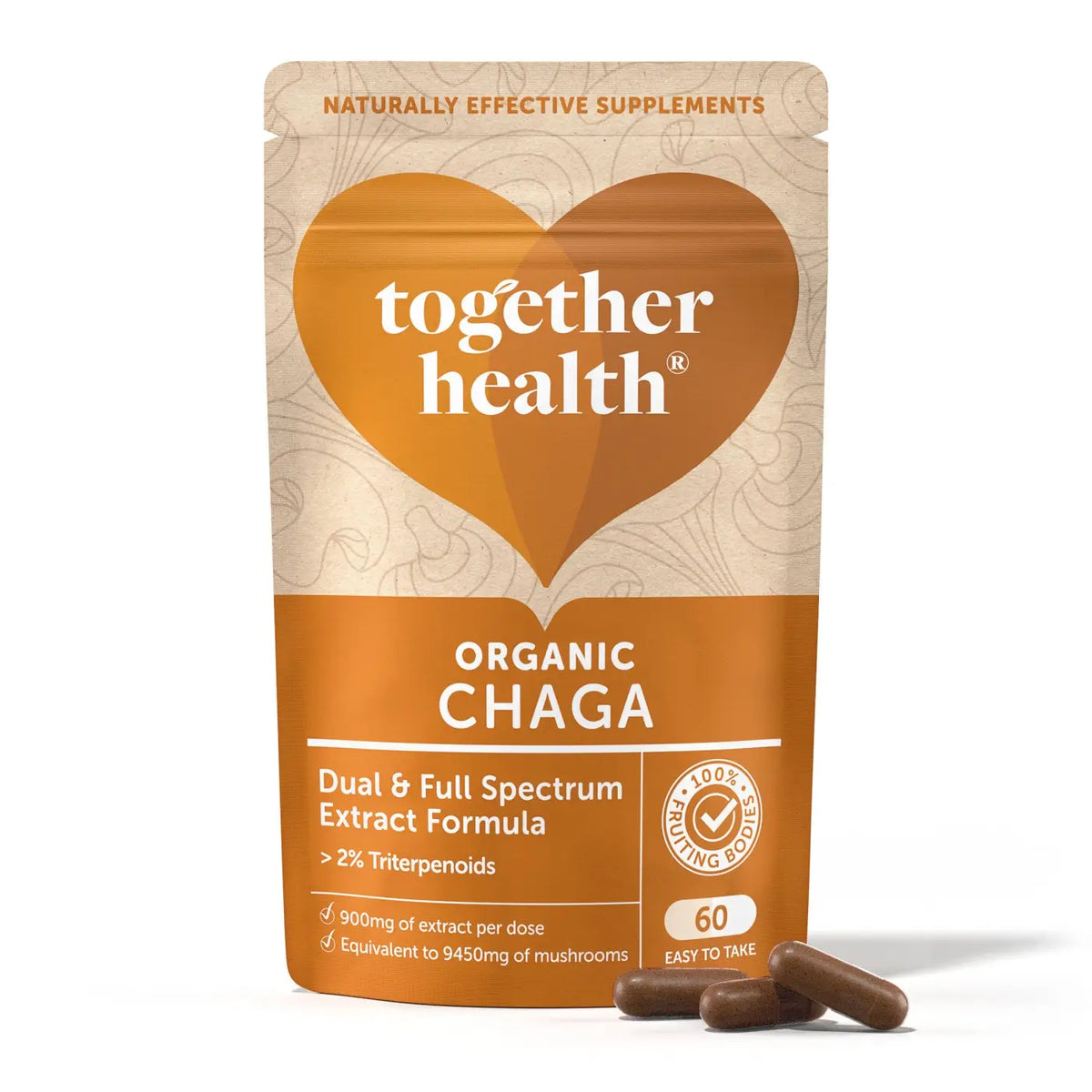 Hochdosierte Chaga-Pilz Kapseln von Together Health, 9450 mg, Nahrungsergänzung, 60 Kapseln, sichtbare Verpackung