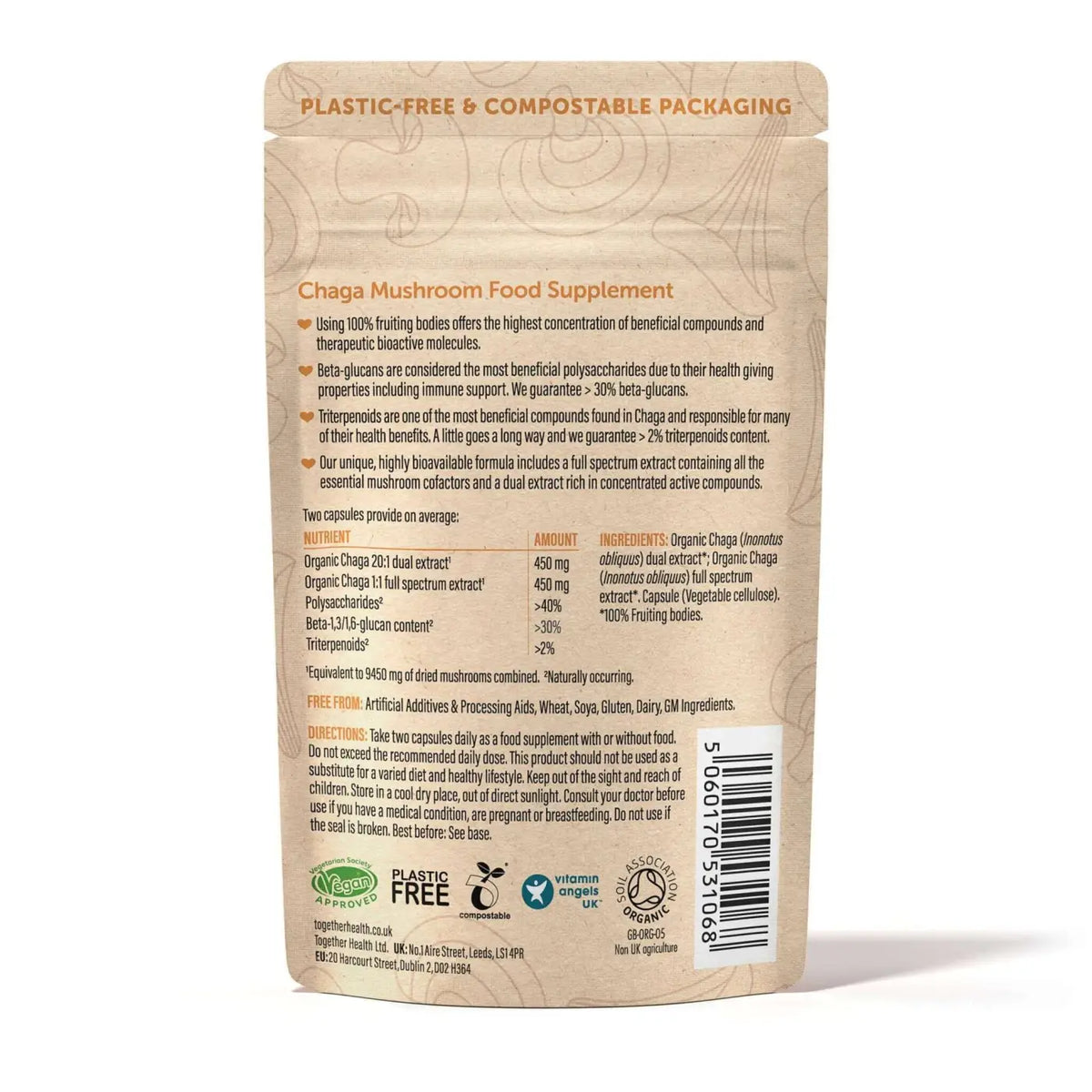 Hochdosierte Chaga-Pilz Nahrungsergänzung mit 9450 mg in 60 Kapseln von Together Health, Naturprodukt gegen Erschöpfung