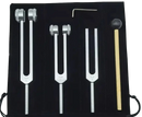 Set aus drei silberfarbenen chakra-heilungs-stimmgabeln mit gravierten frequenzen und holzschlegel im mana shop für energetische wirkung