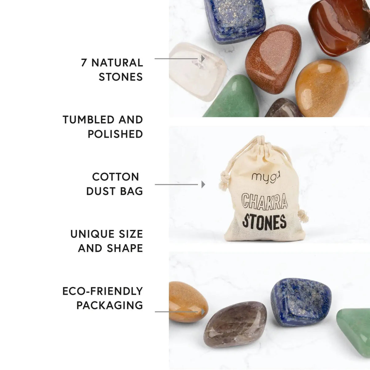 Chakra-Steine Schmuck in Beiger Baumwollbeutel mit Kordelzug, beschriftet, von Myga Eco, natürliche Heilsteine für Chakra-Ausgleich