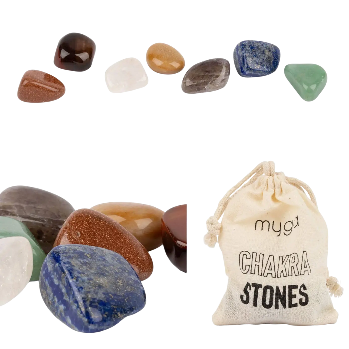 Chakra-Steine Schmuck-Set von Myga Eco mit polierten, natürlichen Farbstoffen für die sieben Chakren, als spiritueller Schmuck.
