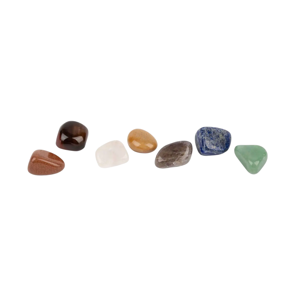 Chakra-Steine Schmuck-Set von Myga Eco mit polierten, glätteten Trommelsteinen in bunten Farben, spiritueller Edelstein-Accessoire.