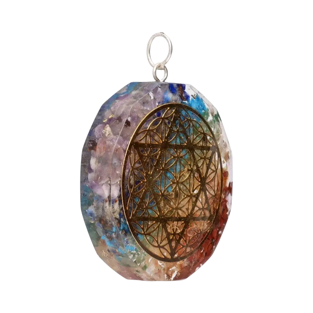 Orgonit-Anhänger mit Chakras, Davidstern und Flor Vida, Schmuck aus buntem Mineralstein, handgefertigt, detailreiche Verzierung