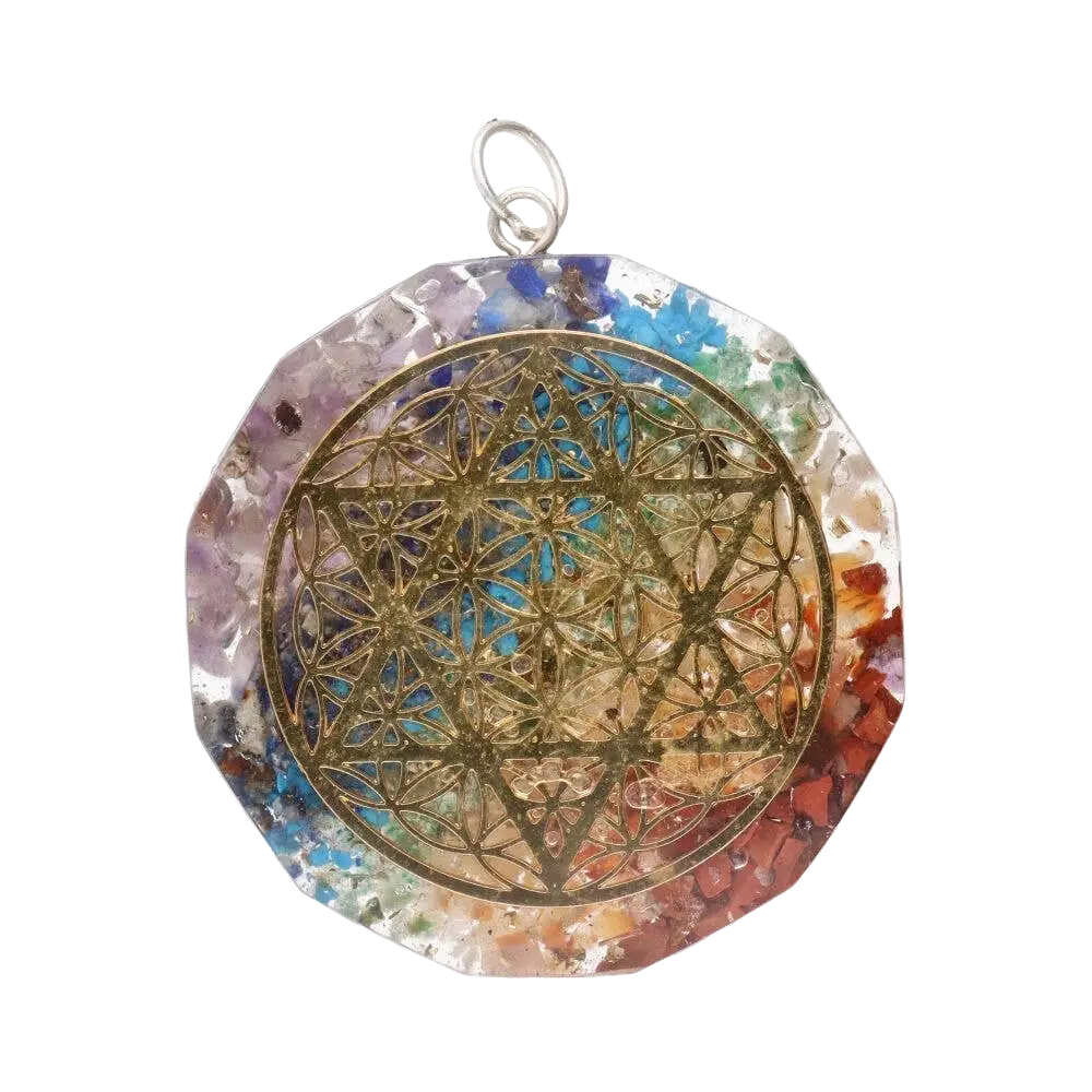 Runder Chakras Orgonit-Anhänger mit Davidstern und Flor Vida, Schmuckstück mit bunten Chakra-Designs und symbolischer Bedeutung.
