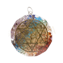 Runder chakras orgonit-anhaenger mit david und flor in klarharz mit goldenem stern und bunten kristallfragmenten