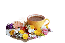 Ein leuchtend gelber keramikbecher mit diamantstruktur und orangem rand gefüllt mit dunklem getränk von ayamani naturals pilz mocha mischung reishi und chaga