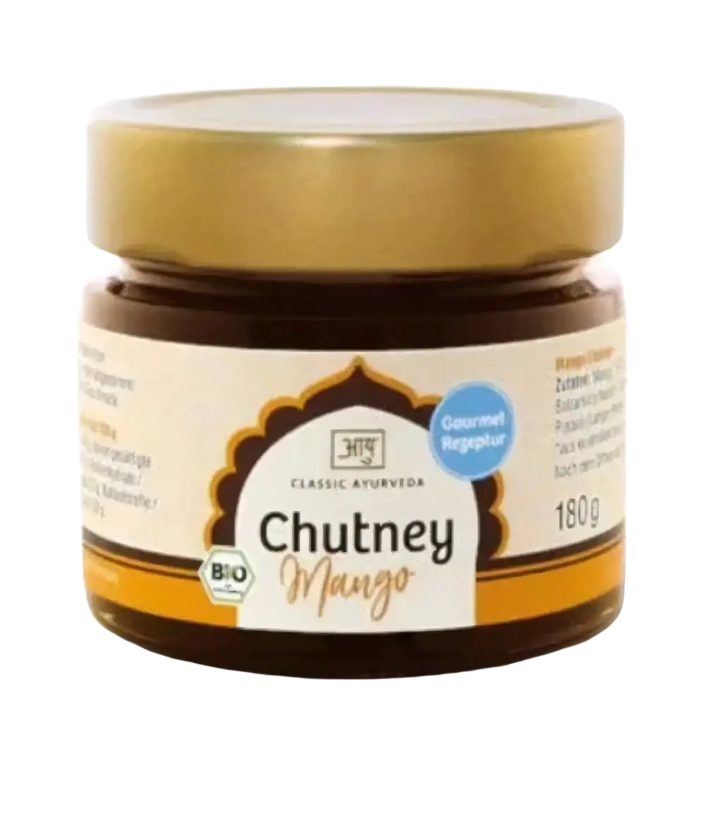 Bio Mango Chutney von Classic Ayurveda in Glasbehälter, cremiger Brotaufstrich und Mus aus fruchtiger Mangonote.