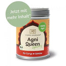 Bio Agni Queen Gewürz von Classic Ayurveda, 80g, mit bunten Gewürzblüten und Kräutern in einem dekorativen Glas.