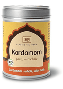 Bio Kardamom mit Schale von Classic Ayurveda, lose Gewürz im 70g Beutel, zeigt ganze grüne Kardamomkapseln.