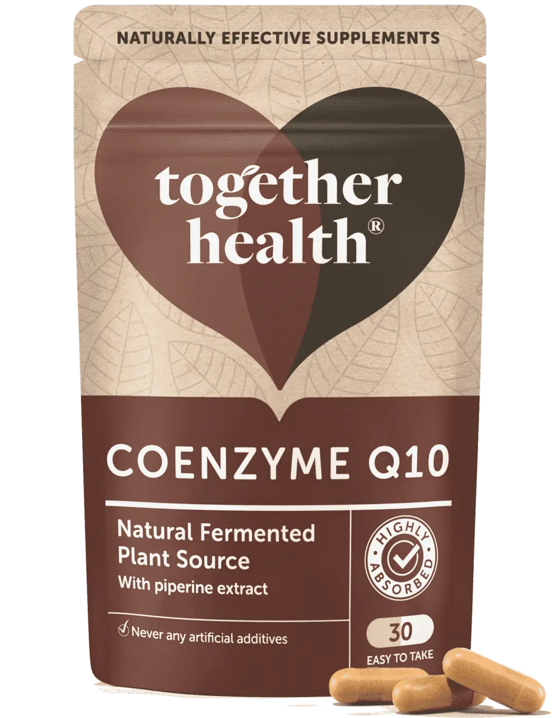 Coenzym Q10 Nahrungsergänzung von Together Health, 30 Kapseln, sichtbare CoQ10-Kapseln in einer Verpackung.