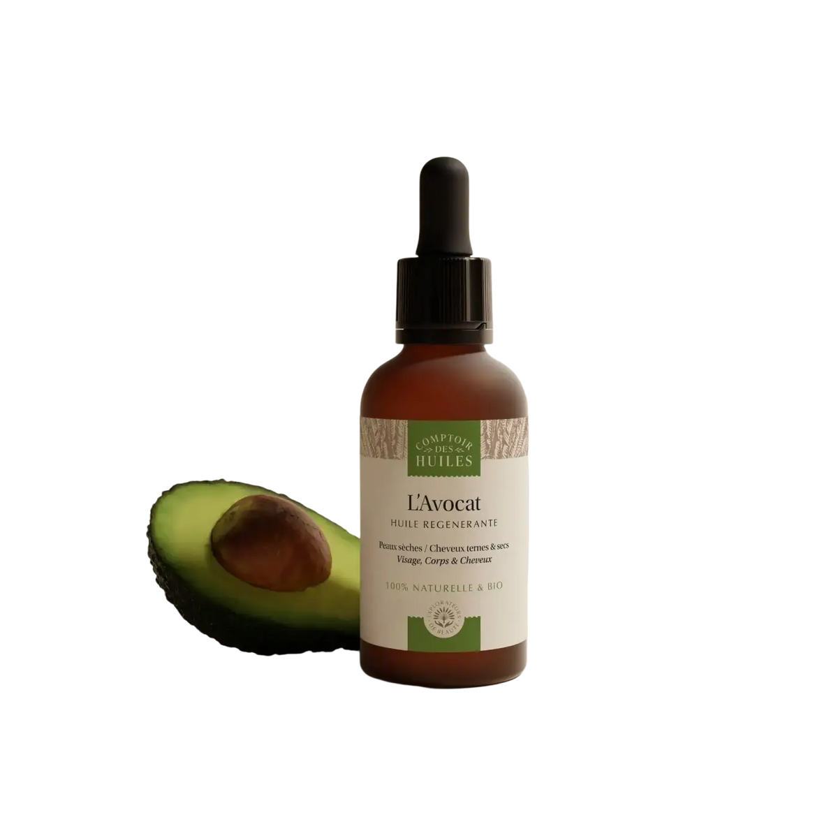Bio Avocadoöl von COMPTOIR DES HUILES, regenerierendes Körperpflegeöl für Gesicht, Haare und Haut, naturbelassen und vielseitig.