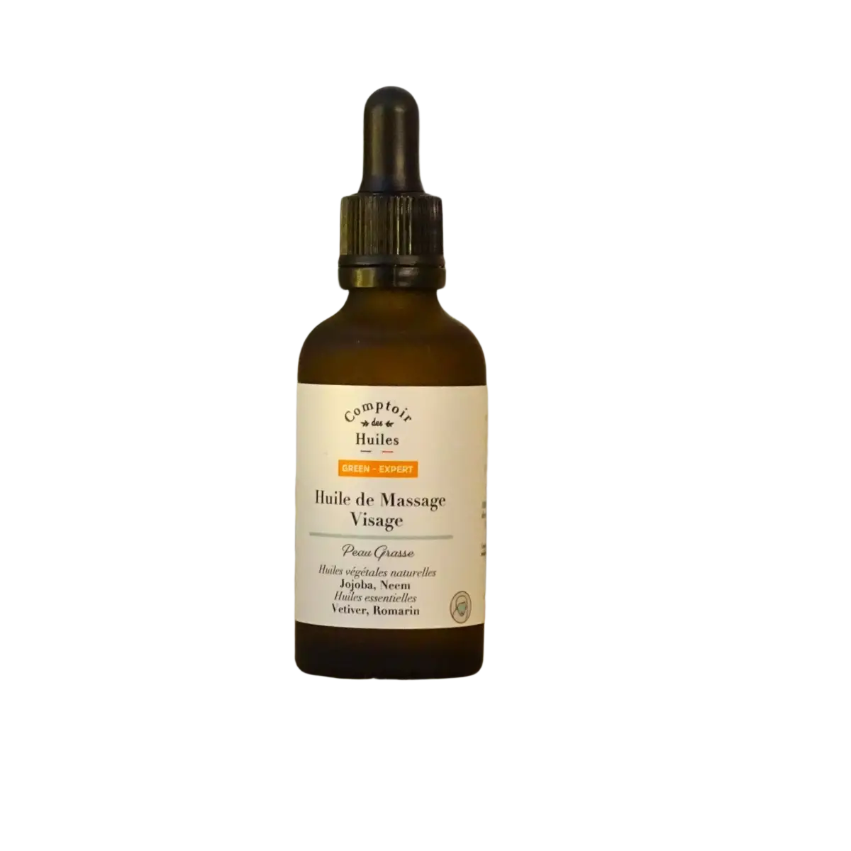 Gesichtsmassageöl von COMPTOIR DES HUILES Green Expert für fettige Haut, Bio-Qualität, in einer Flasche mit Pipette.
