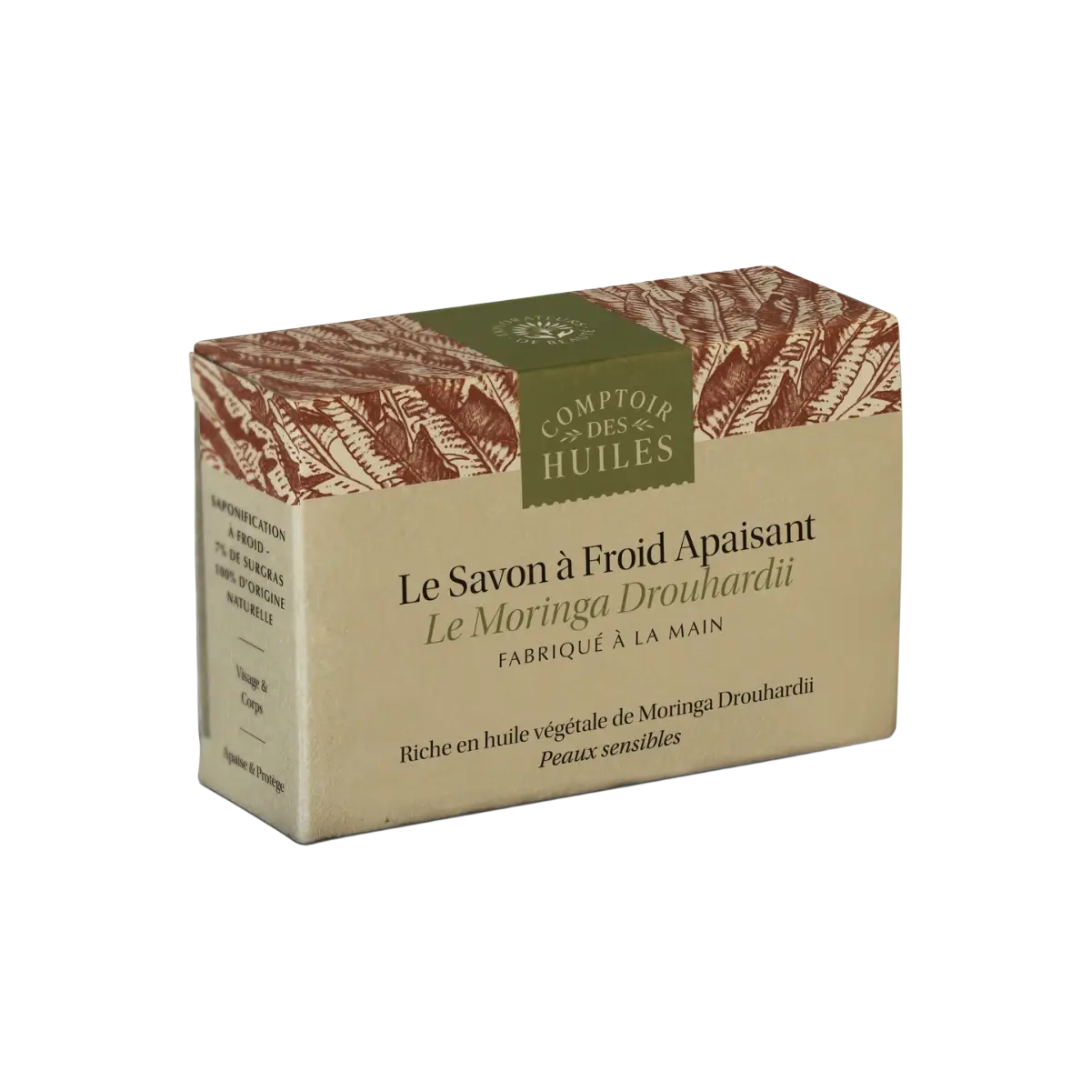 Kaltgefertigte Bio-Seife von COMPTOIR DES HUILES mit Moringa Drouhardii, natürliche Körperpflege in grüner Verpackung