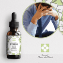 Bachblüten Stress von Conseil fleur de Bach, Flasche mit Bachblüten Tropfen auf weißem Hintergrund