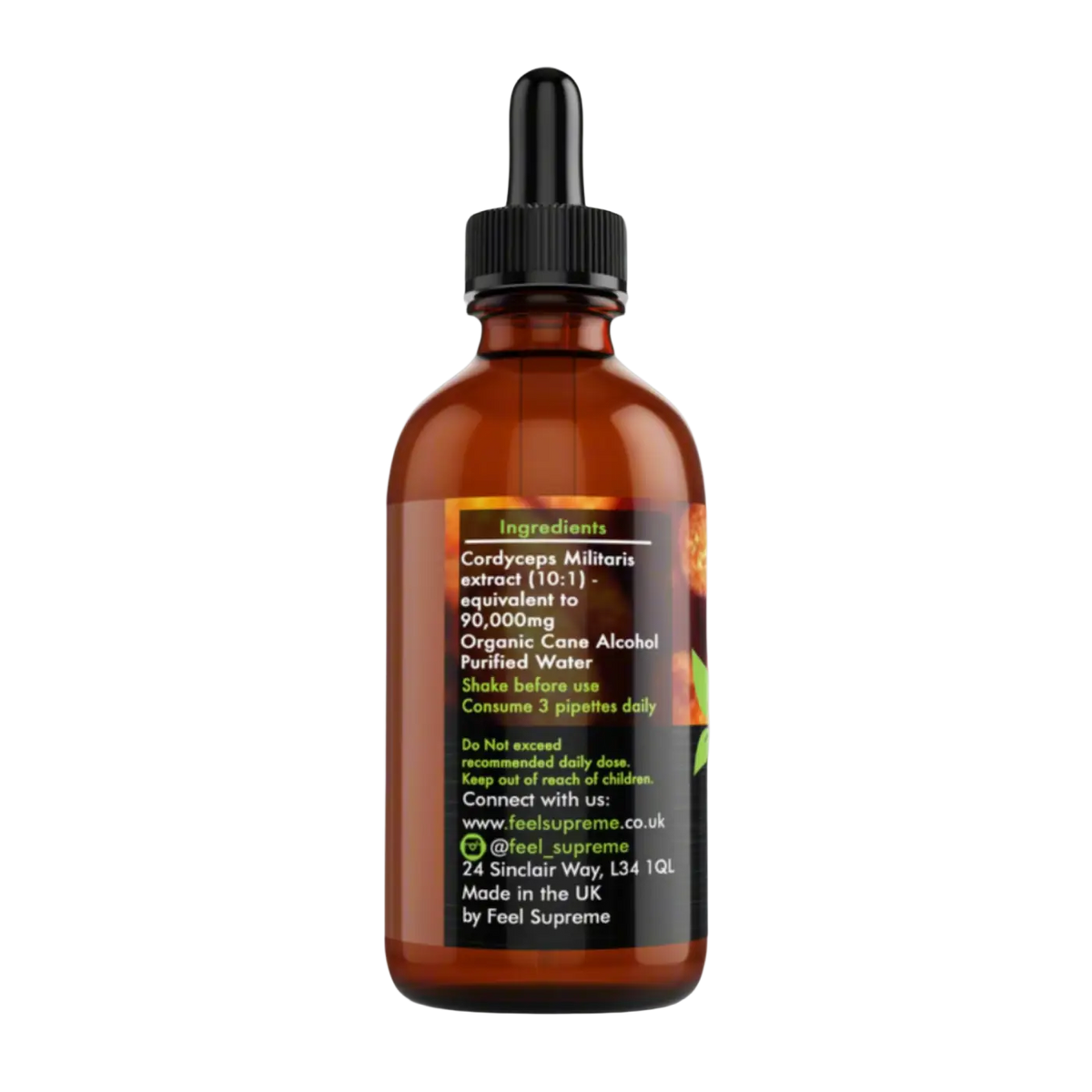 Flüssige Cordyceps Militaris Nahrungsergänzung von Feel Supreme in 60 ml Flasche für Energie und Vitalität.