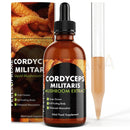 Amber glasflasche mit schwarzem tropfer und label cordyceps militaris flüssigextrakt neben zylinderförmiger verpackung