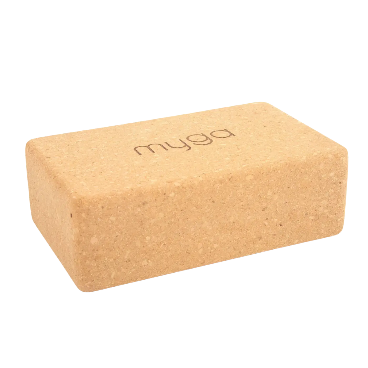 Kork-Yoga-Block von Myga Eco mit eingraviertem Markennamen für Yoga-Übungen und Stabilität, Oberfläche aus natürlichem Kork