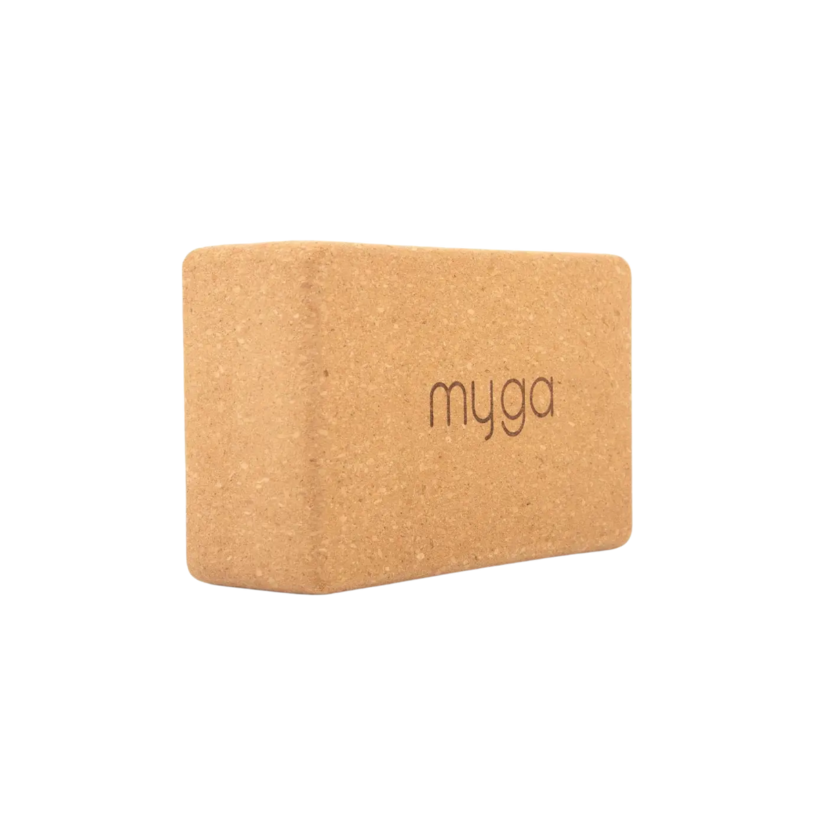 Kork-Yoga-Block von Myga Eco, mit eingraviertem Markennamen, auf einer Oberfläche, ideal für Yoga-Übungen und Dehnungen.