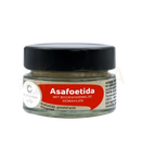 Kleines glas cosmoveda ayurveda asafoetida gemahlen 30g mit schwarzem deckel und rotem etikett für verdauung