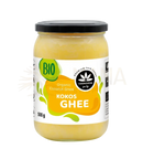 Ein 500g glas glas mit cosmoveda kokos ghee bio ghee mit schwarzem deckel und gelb-orange etikett erhältlich bei mana