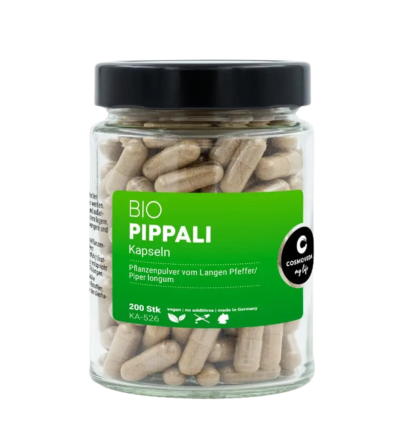 Cosmoveda Pippali Nahrungsergänzung in 200 Kapseln, langer Pfeffer nach Ayurveda, zeigt die Kapseln in einer Packung.