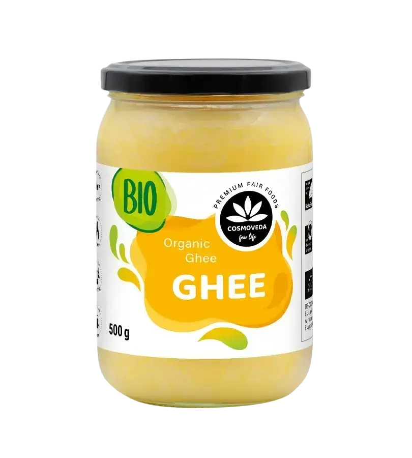 Ein 500g glas mit cosmoveda pure ghee bio mit schwarzem deckel und gelbem etikett für reines bio ghee