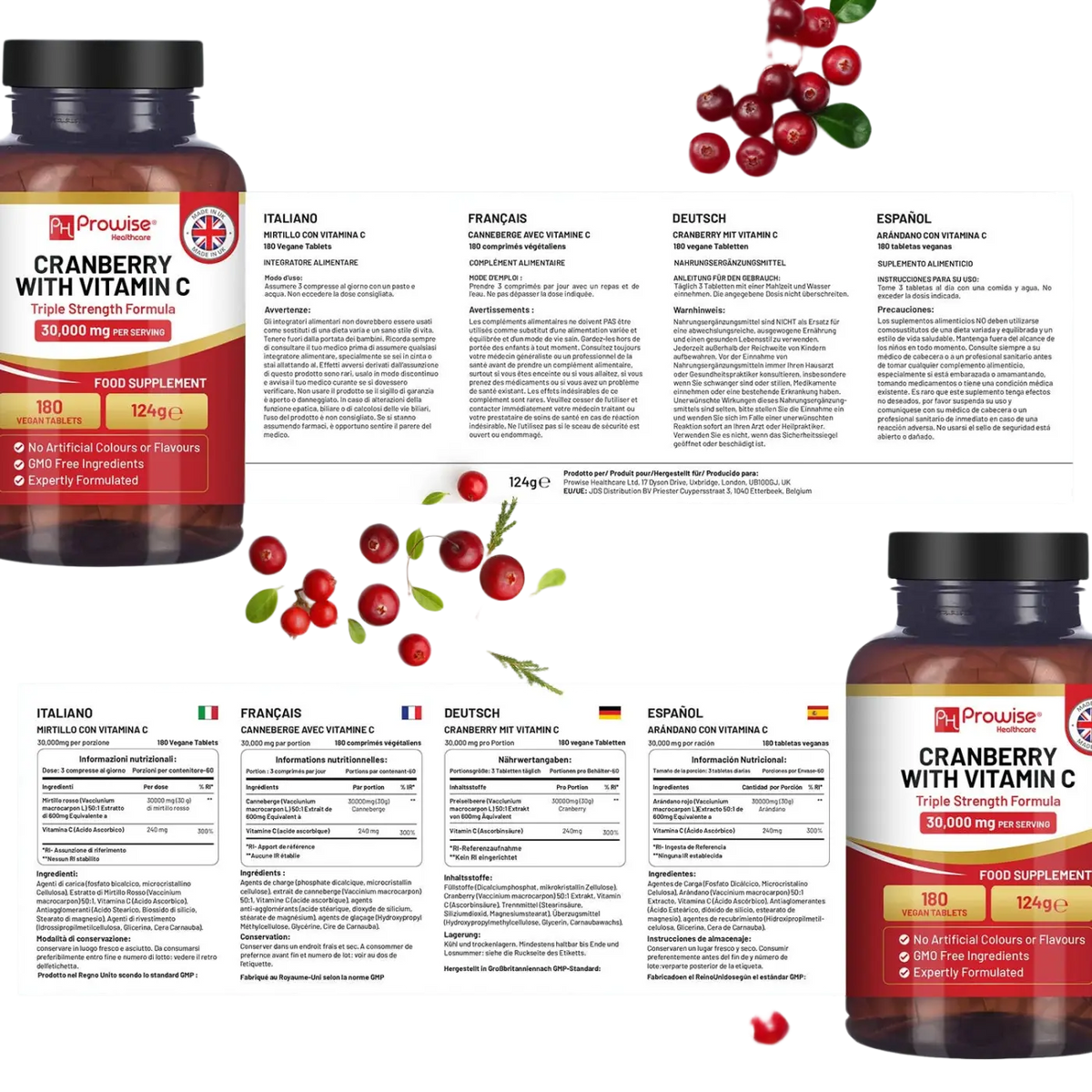 Cranberry Nahrungsergänzung von Prowise Healthcare mit 30.000 mg Cranberry und Vitamin C für Immunsystem und Schutz.