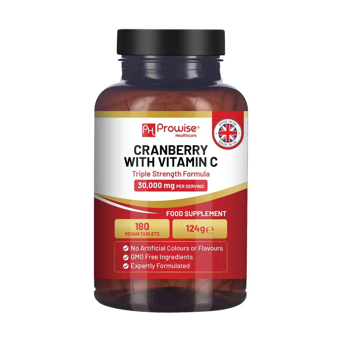 Cranberry Nahrungsergänzung von Prowise Healthcare mit 30.000 mg und Vitamin C, fördert Immunsystem und Schutz.