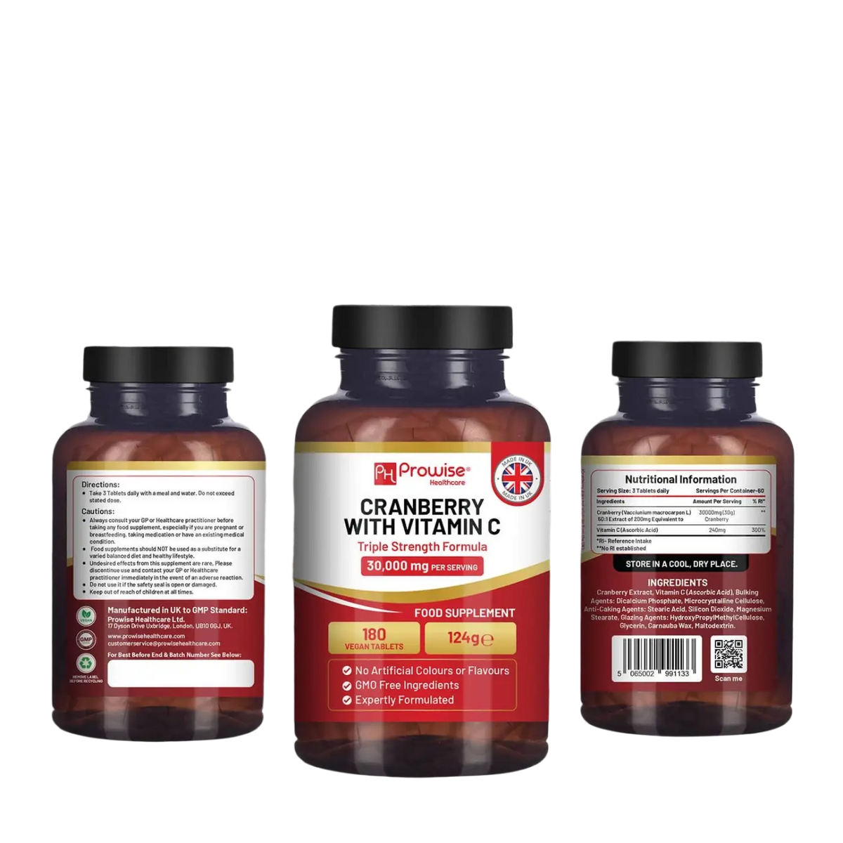 Cranberry Nahrungsergänzung mit 30.000 mg und Vitamin C von Prowise Healthcare, dreifach starke Formel für Immunsystem und Schutz