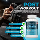 Weiße flasche harmonify micronized creatine monohydrate kapseln mit blauem label für amino acid powder 2000mg