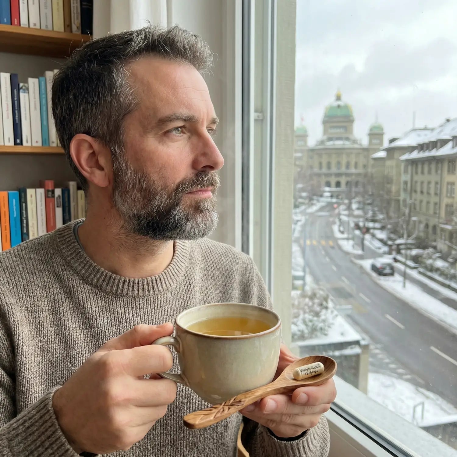 Mann nimmt Cordyceps-Kapsel mit warmem Tee am Morgen in Bern