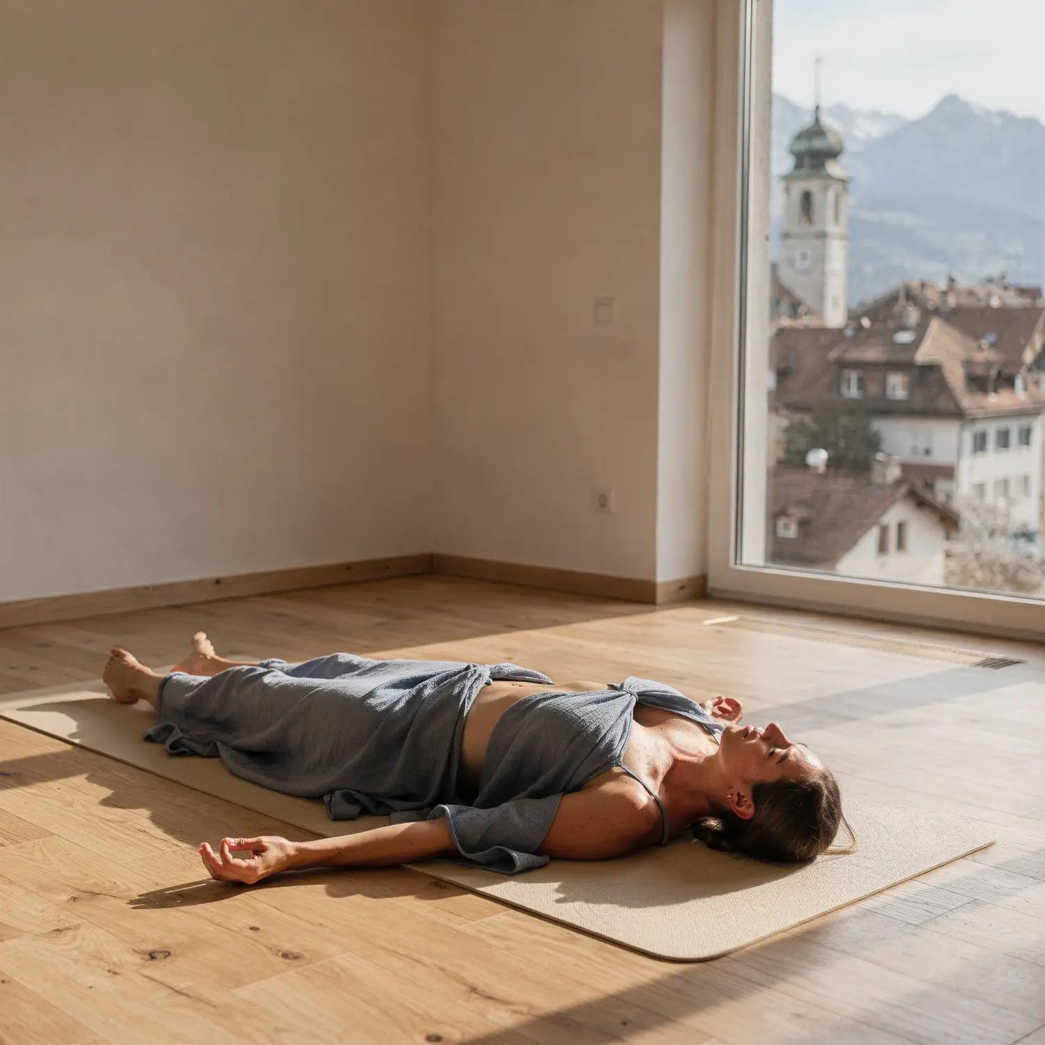 Yogini ruht in Savasana unter weichem Lunghi im Yoga-Raum bei Bern
