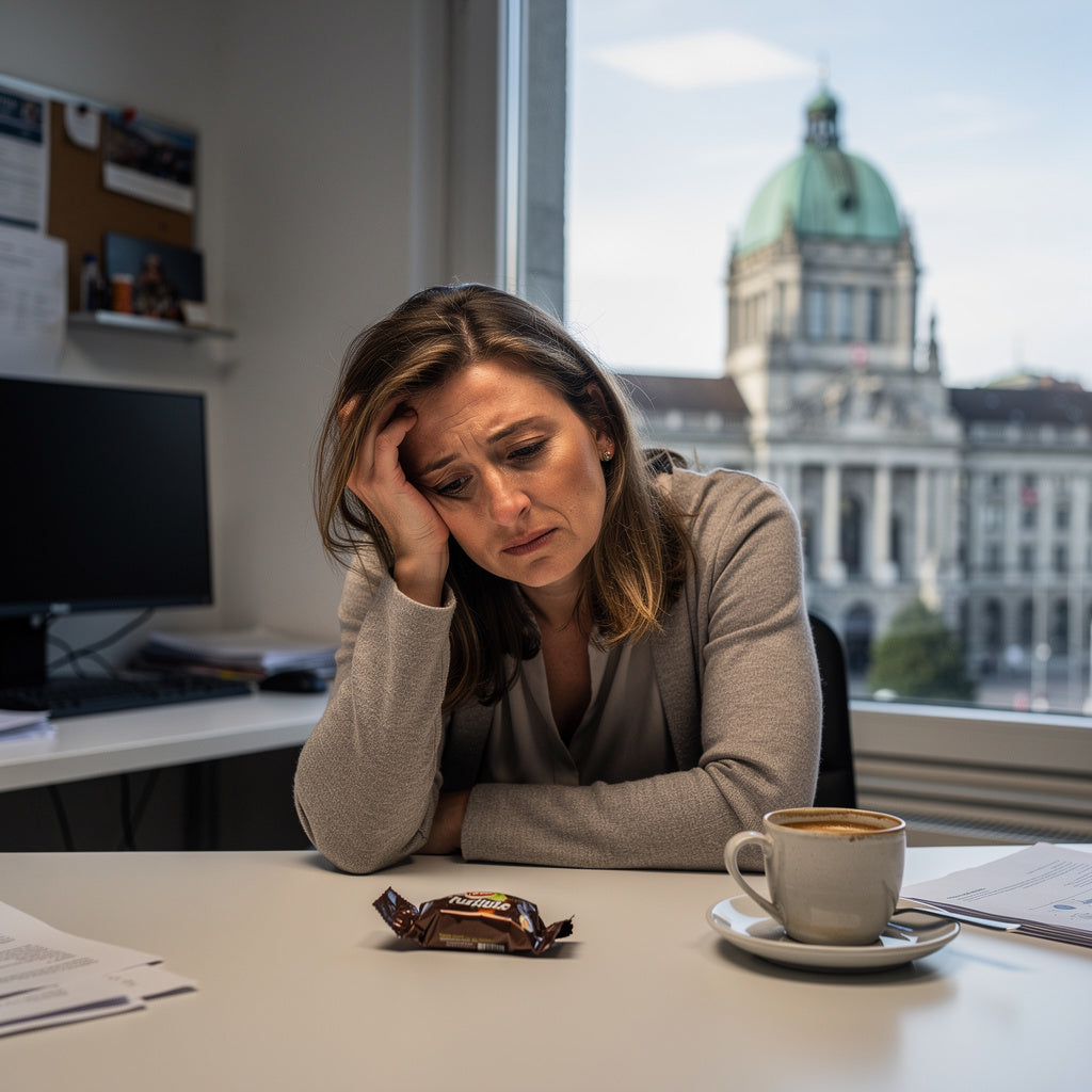 Müde Frau im Berner Büro beim klassischen Nachmittagstief nach zu viel Zucker