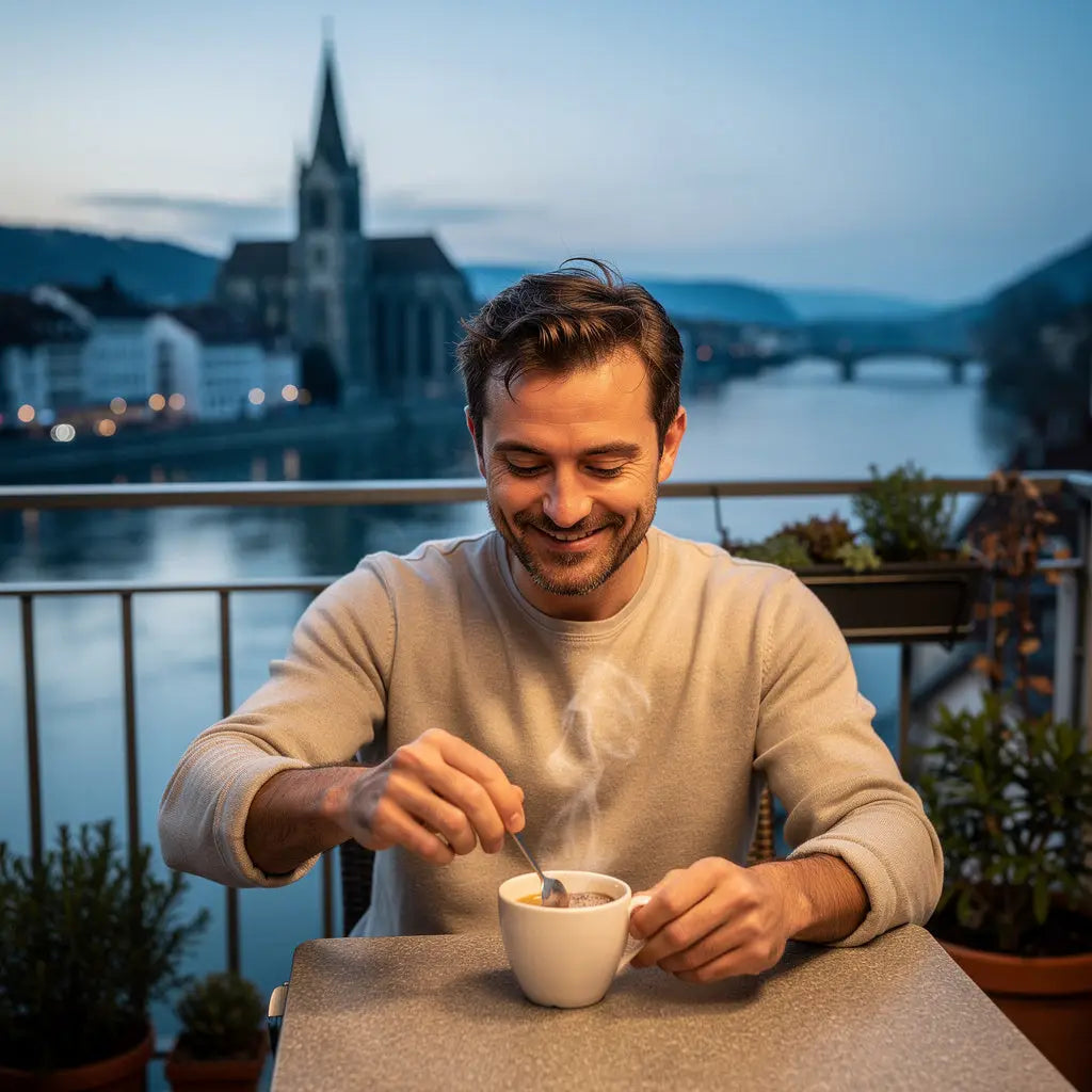 Mann geniesst Morgenkaffee mit karamelligem Kokosblütenzucker auf Balkon in Bern