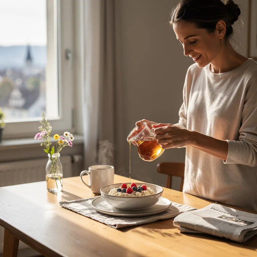 Gesundes Porridge-Frühstück mit Ahornsirup in einer hellen Berner Wohnung