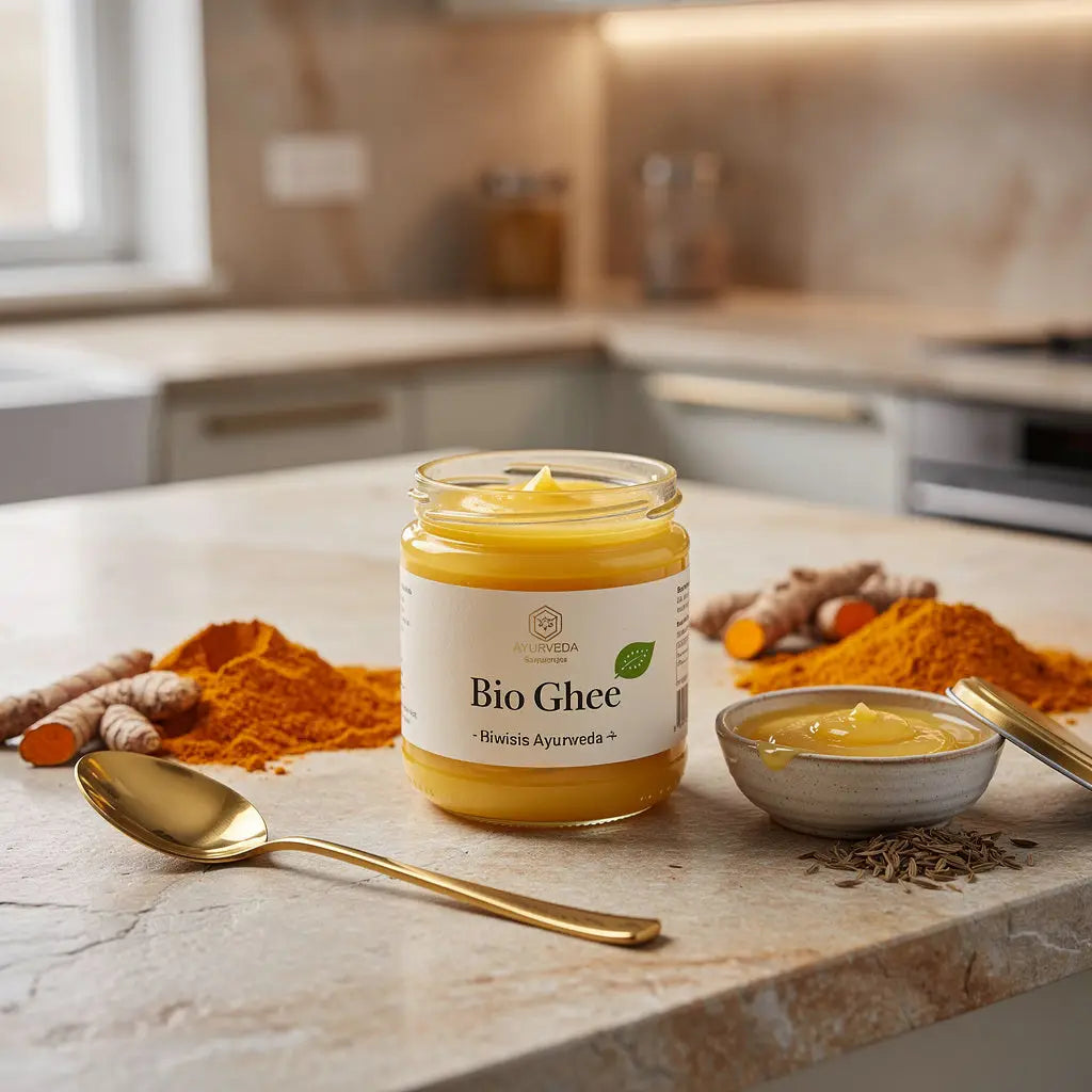 Ein Glas „Bio Ghee - Biwisis Ayurveda“, umgeben von Kurkumapulver, Wurzeln, einem goldenen Löffel und einer kleinen Schüssel Ghee auf einer Küchentheke.