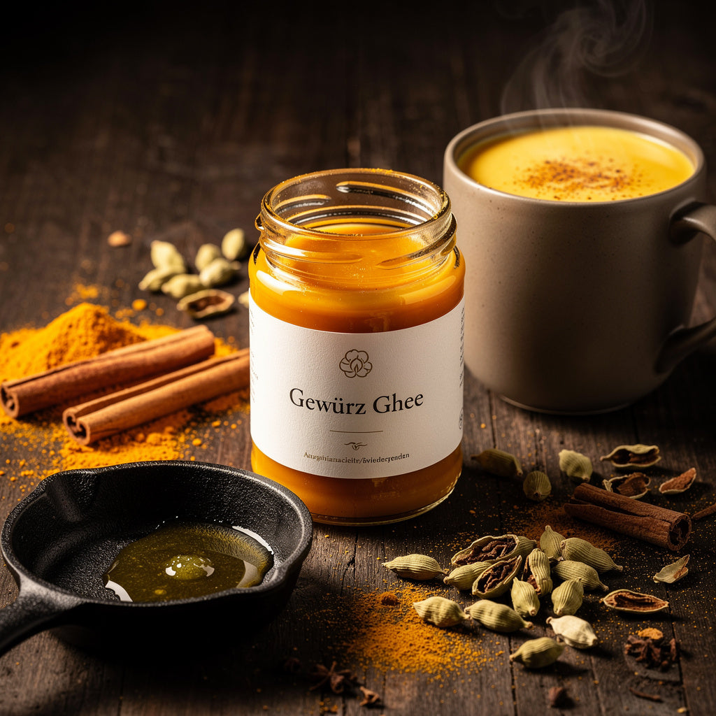 Spiced Ghee in high-quality gourmet scene with Ayurvedic spices