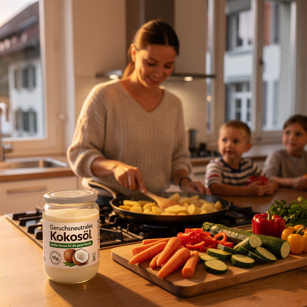 Mother cooks kid-friendly potato stir-fry with coconut oil in Bern