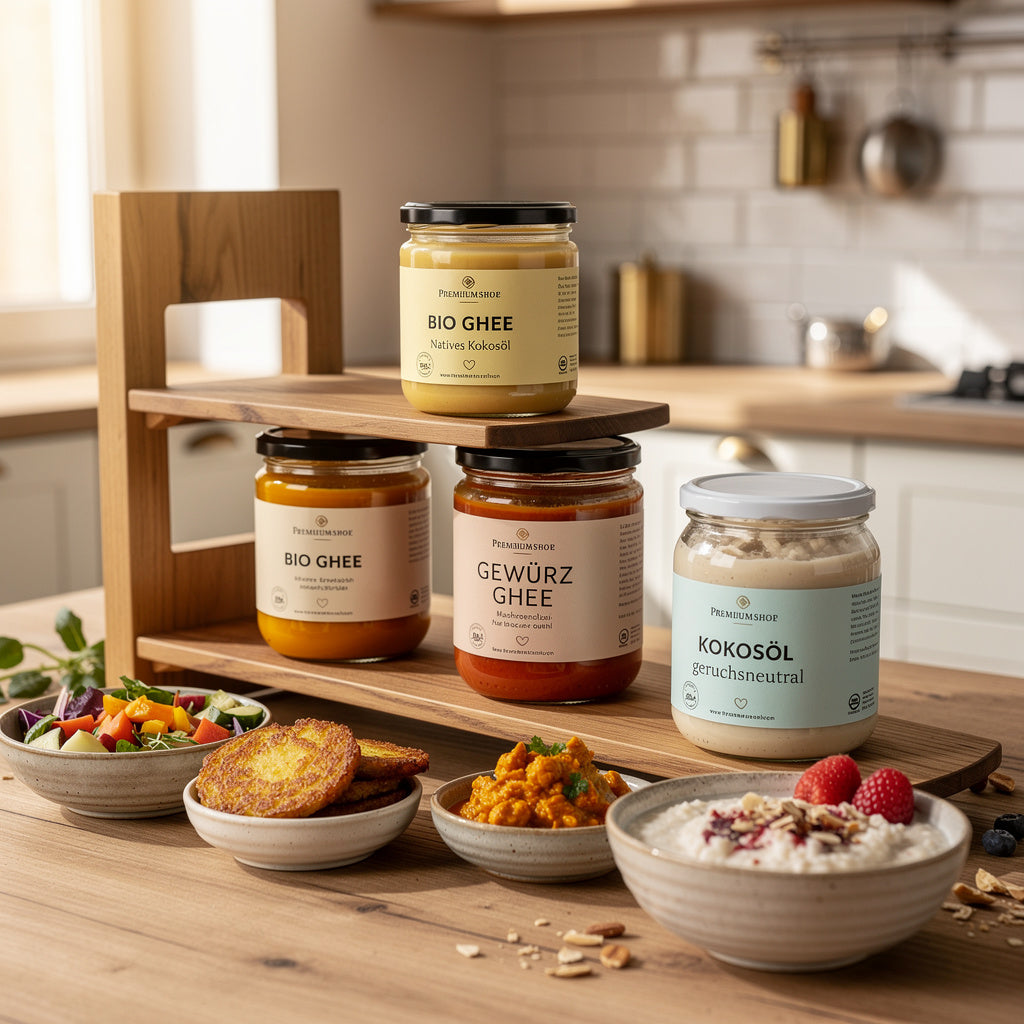 Ghee and coconut oil from the shop stylishly staged as kitchen upgrade
