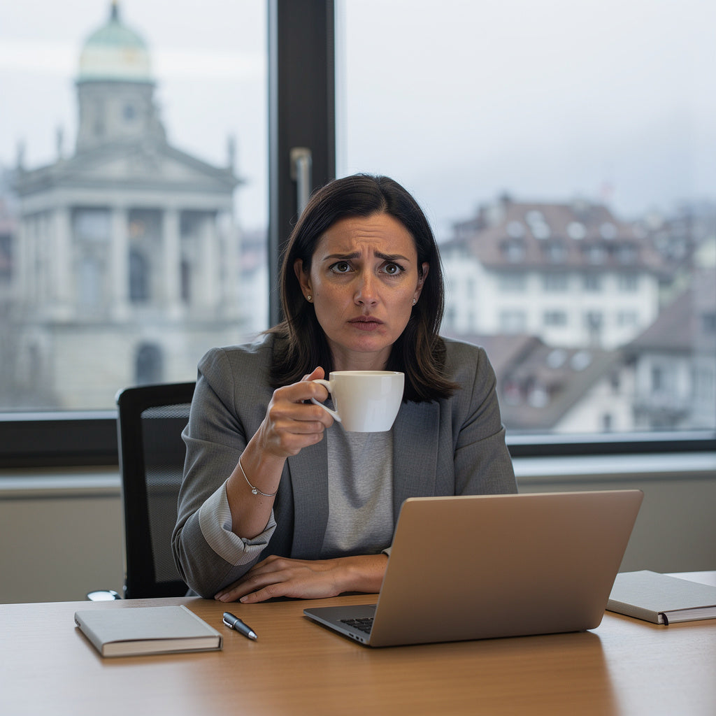 Nervöse Frau mit Kaffee am Morgen im Berner Büro